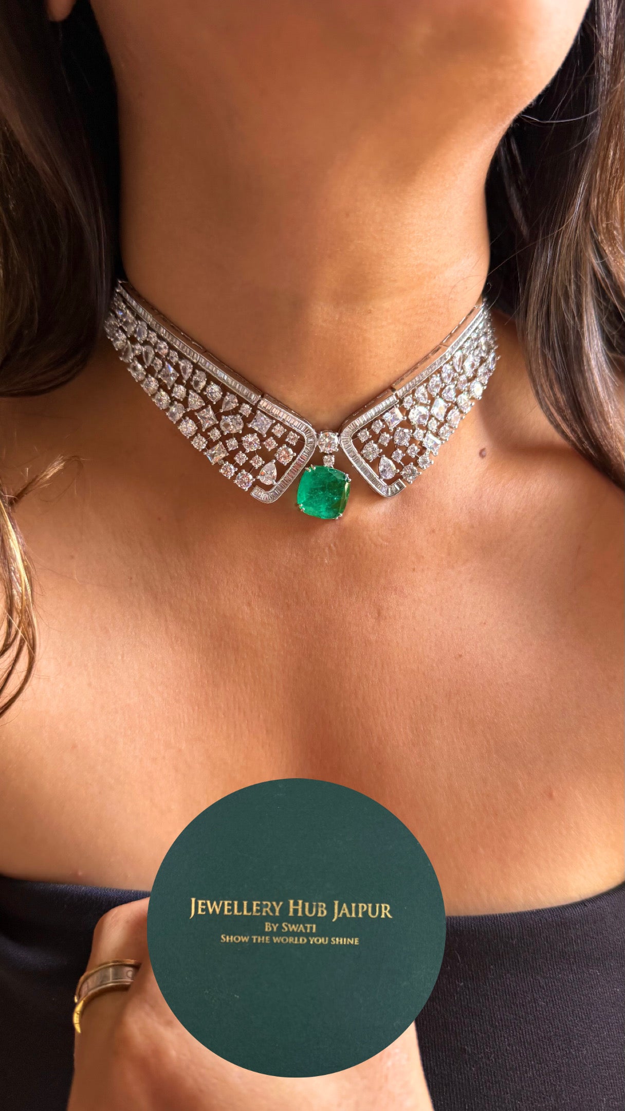Emerald doublet cz diamond square cut necklace