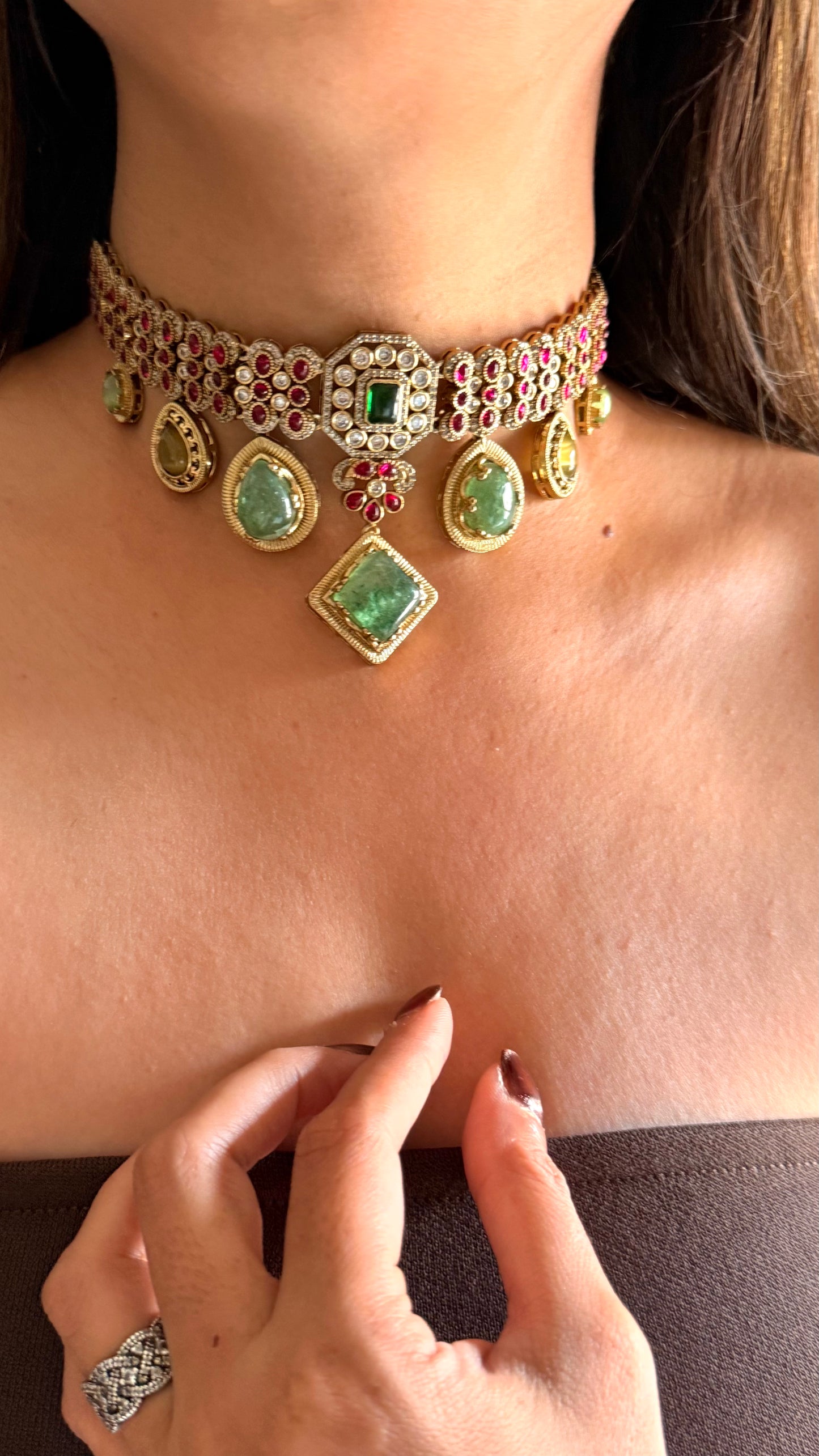 Vanya Mint doublet and rani pink moissanite choker set