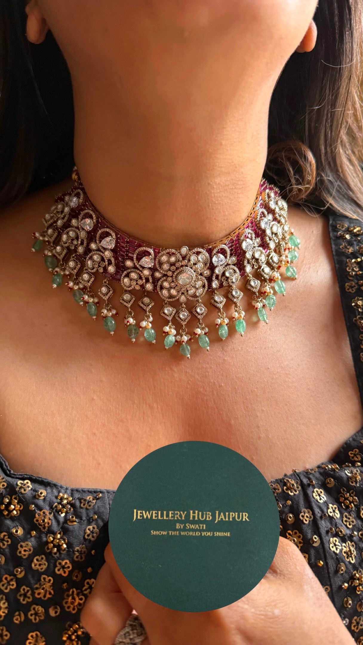 Rani pink ruby with mint drops choker Necklace