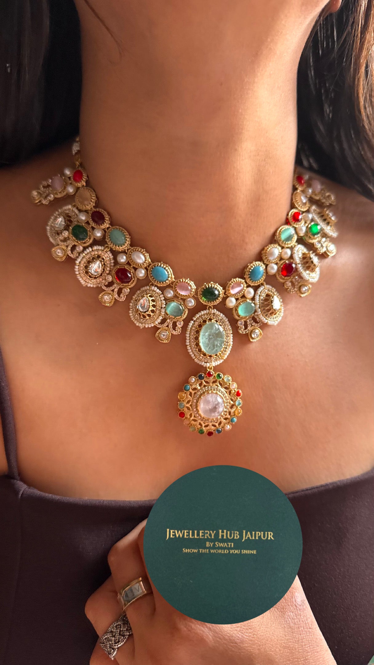 Sabyasachi inspired navratna ( rose quartz ) necklace