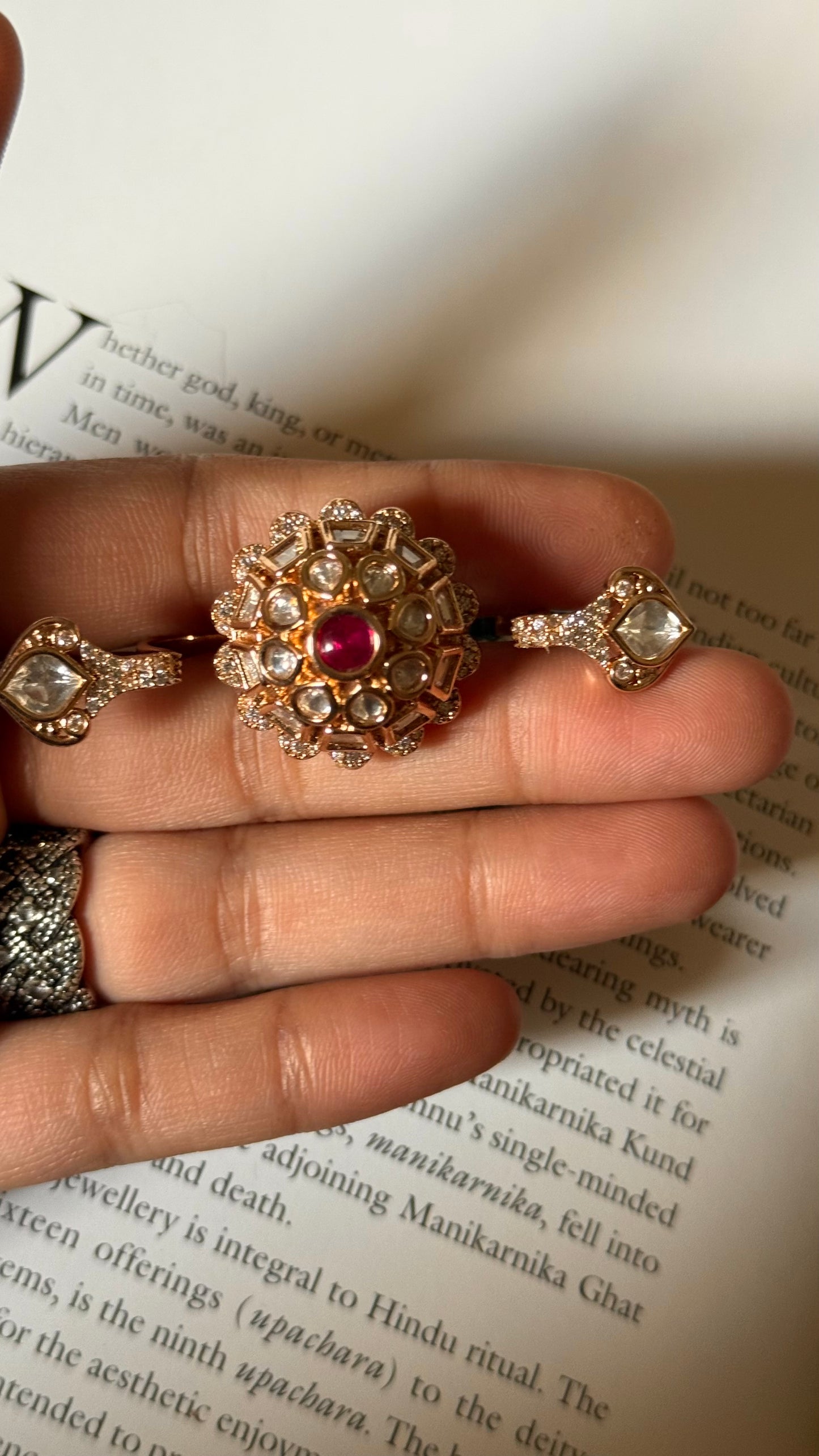 Rani pink doublet moissanite floral double finger adjustable ring