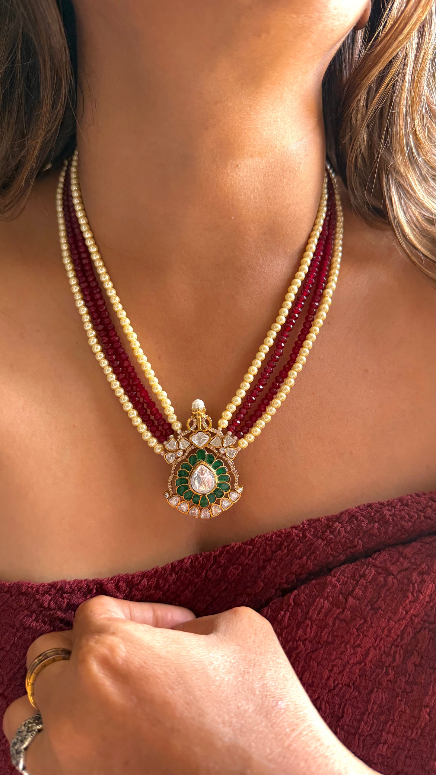 Ruby string & Emerald takkar pendant necklace