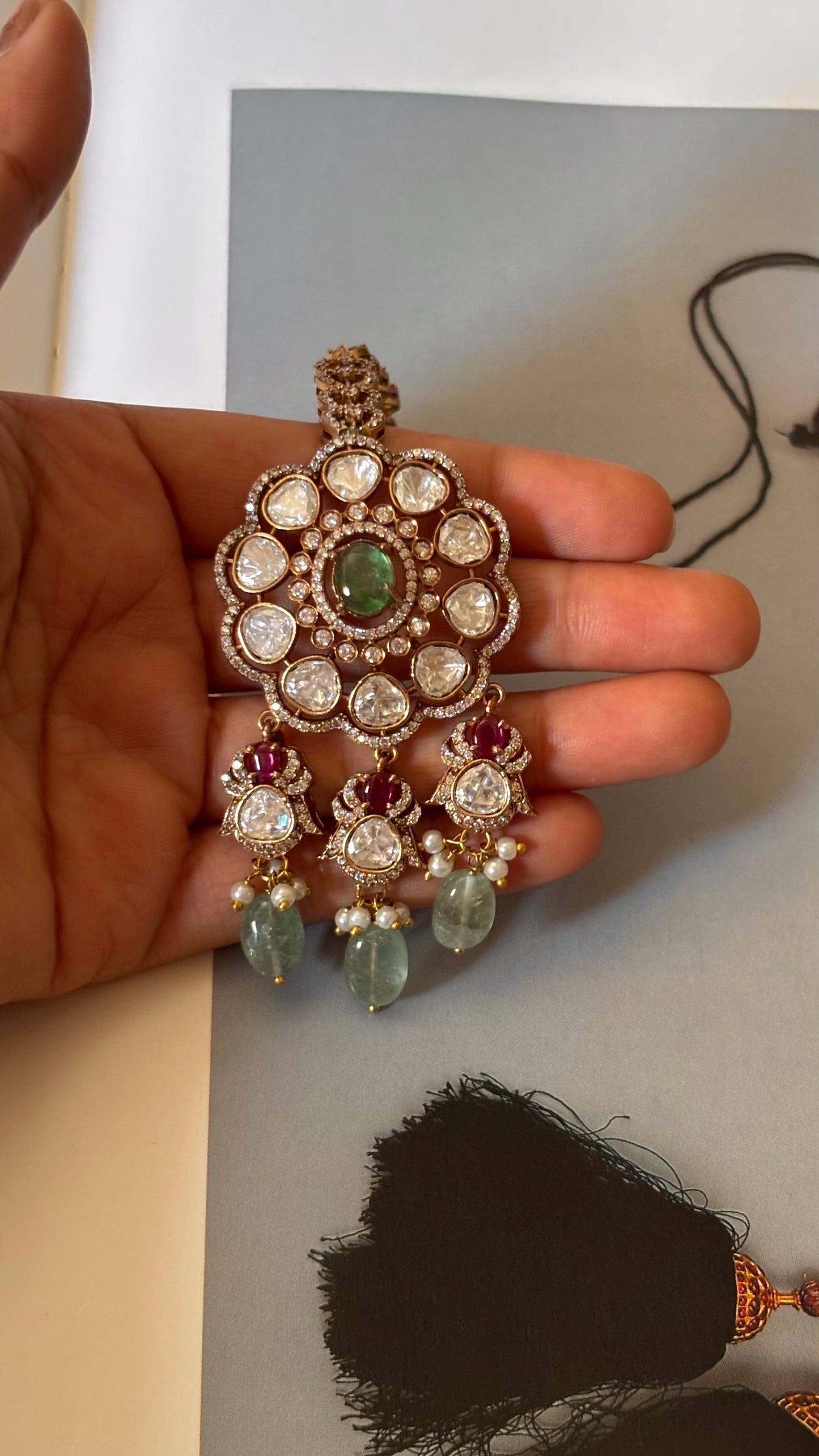 Mint doublet with Rani pink drops maangtika