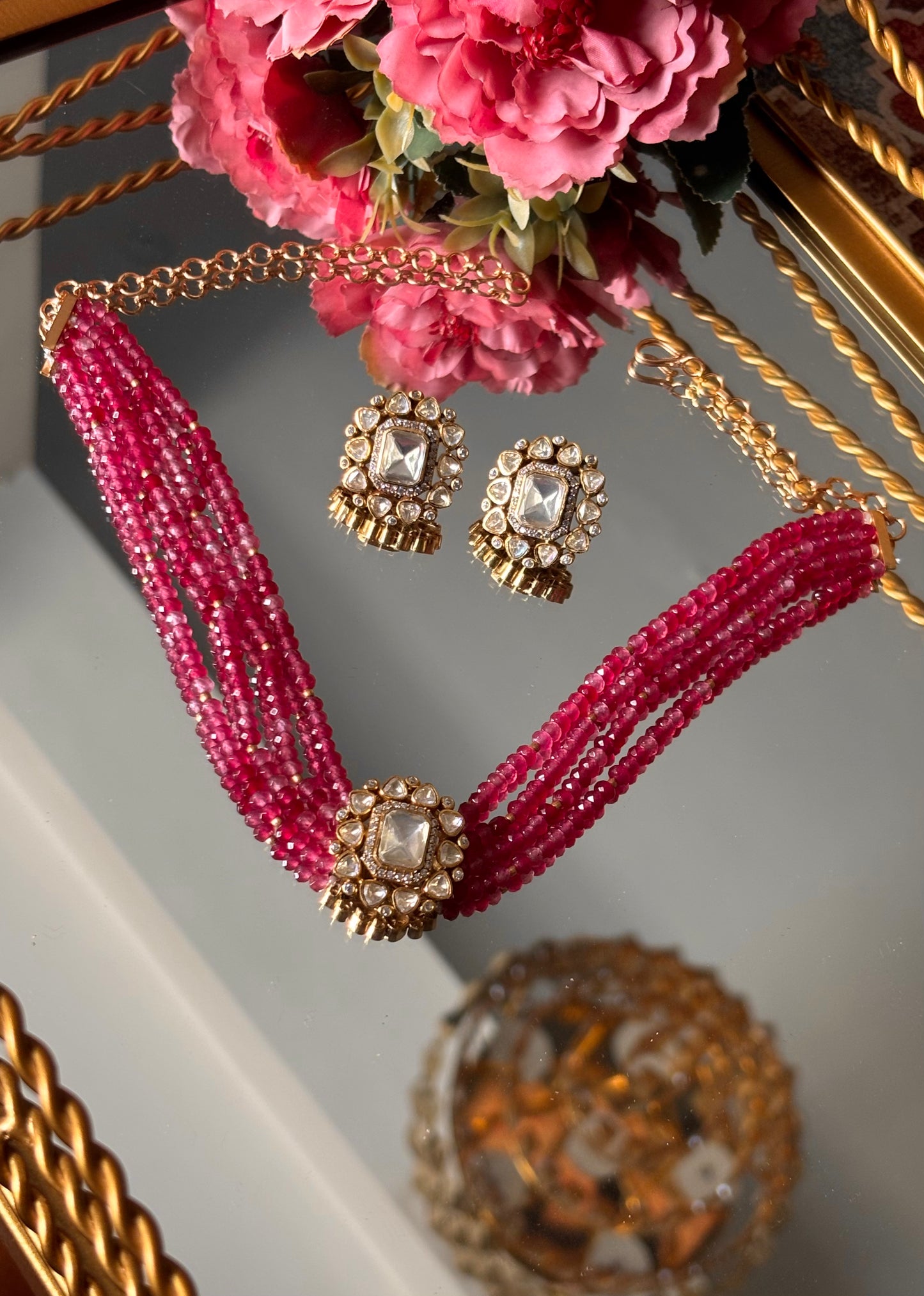 Lv peeli polki rani pink ruby pearl choker Necklace