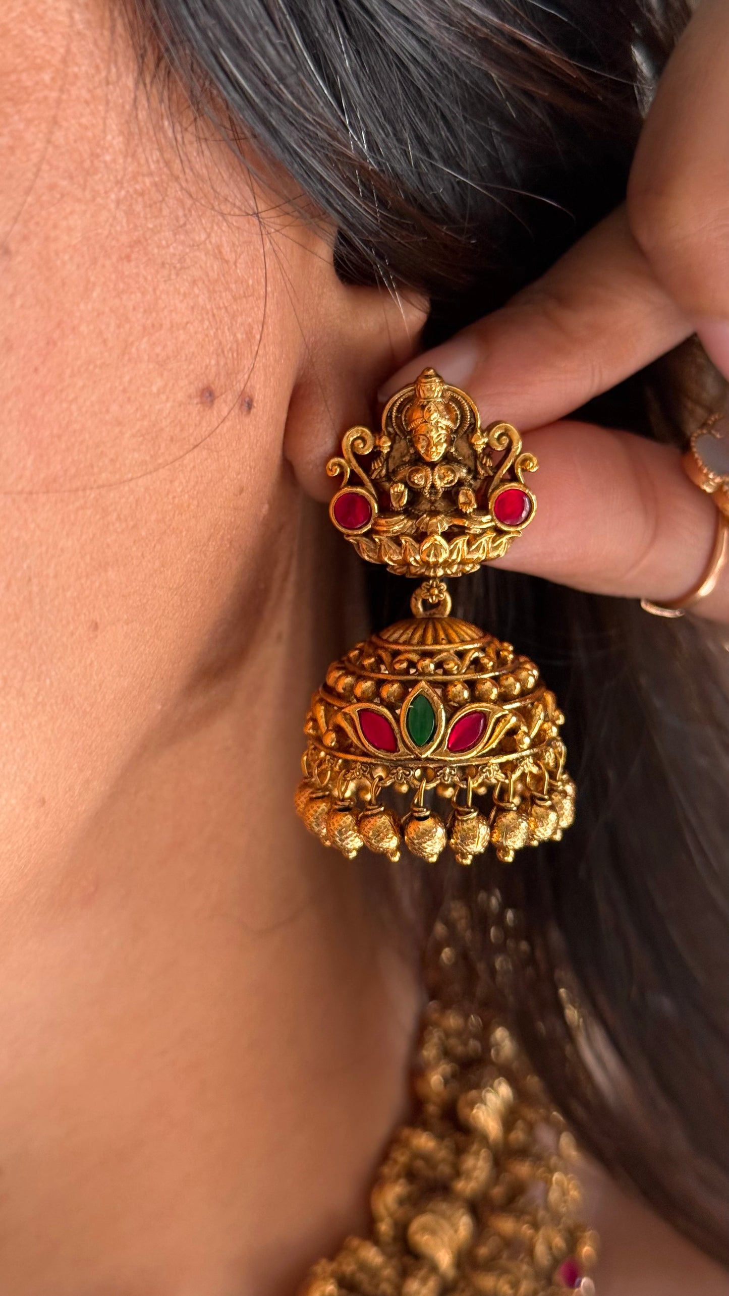 Goddess Laxmi Rani pink ruby temple paachi kundan necklace set