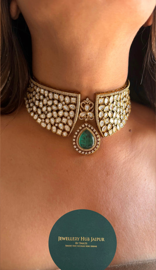Emerald moissanite polki Victorian choker