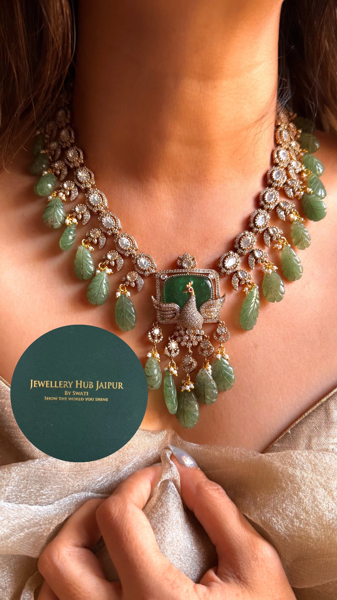 Emerald peacock with feather inlay moissanite collar necklace