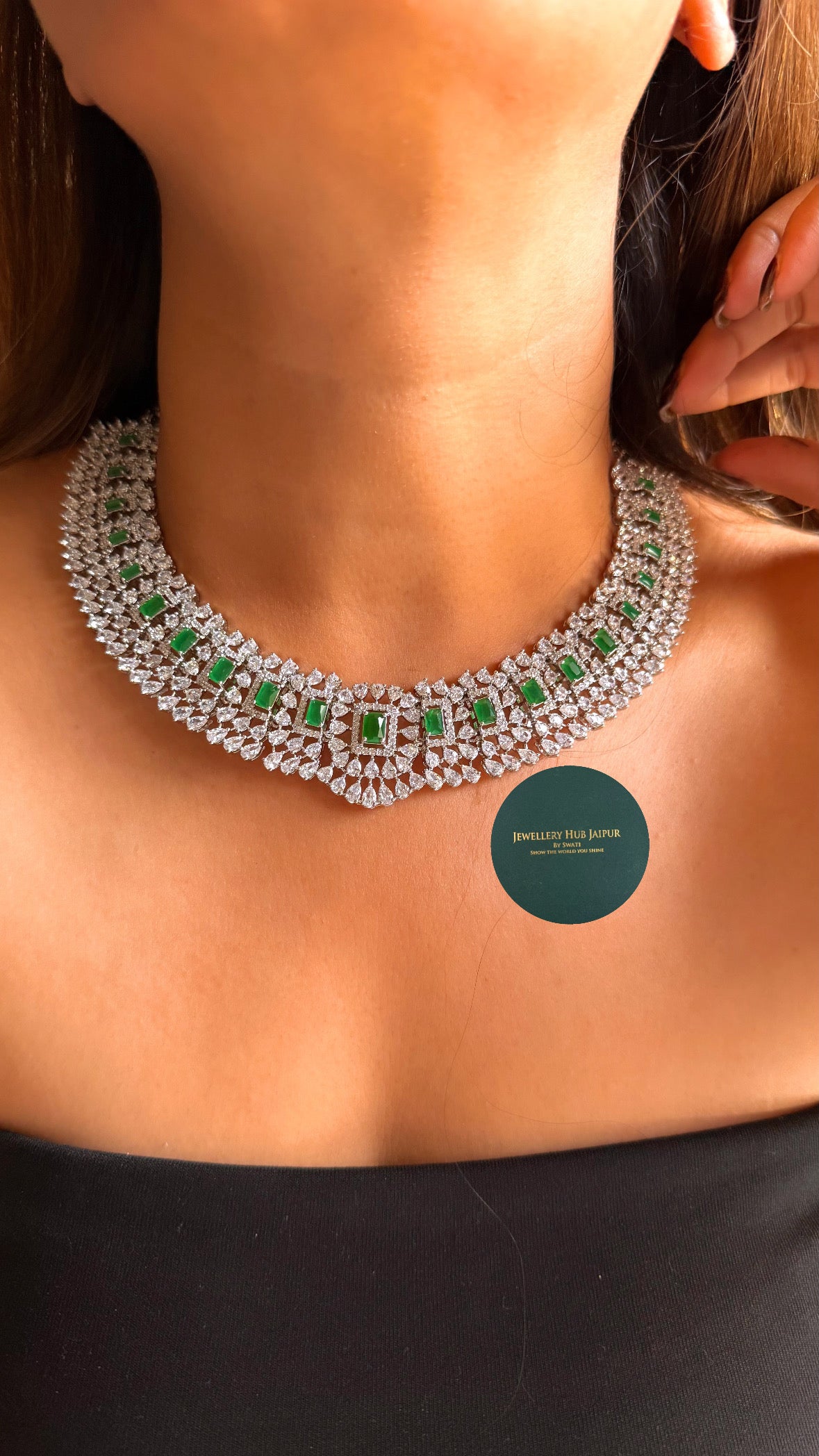 Emerald doublet cz diamond necklace