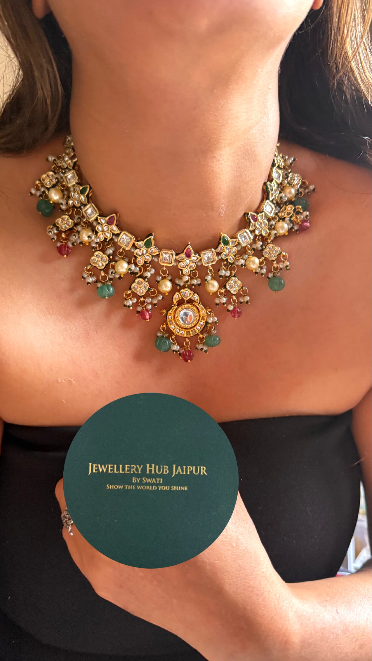 Emerald & ruby Meenakari work with pearl  detailing collar Necklace