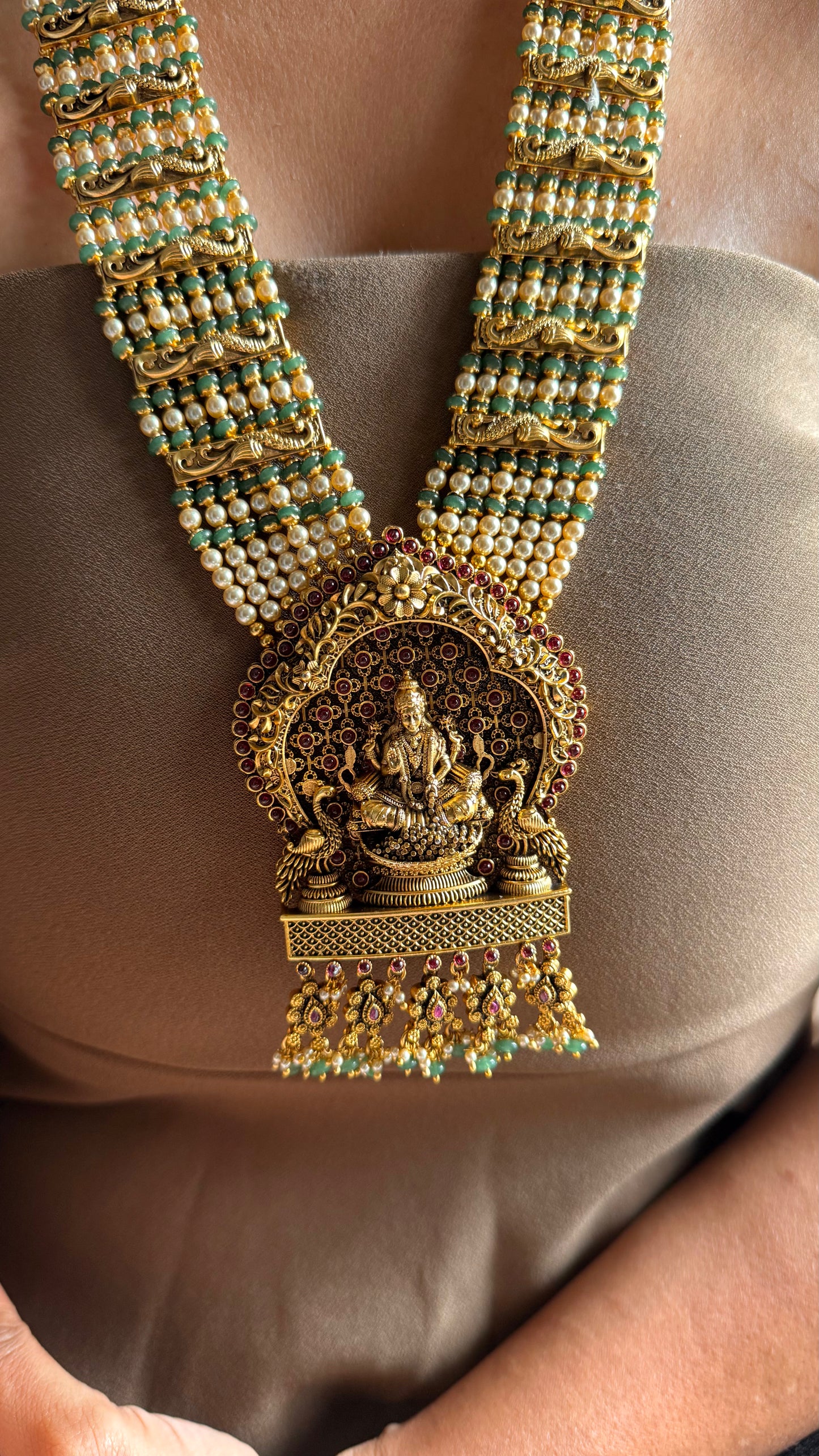 Goddess Laxmi Mint & Ruby ￼ long temple necklace