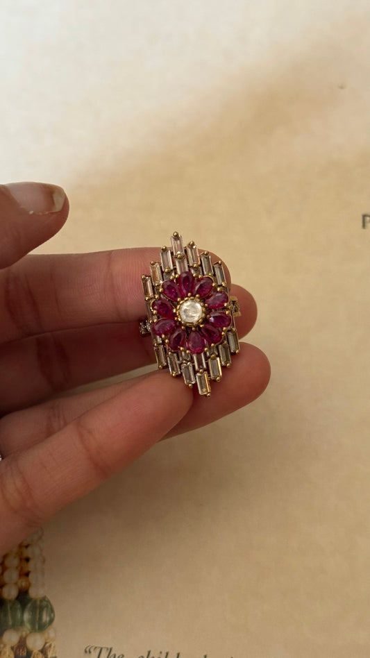 Rani pink floral designer cocktail adjustable ring