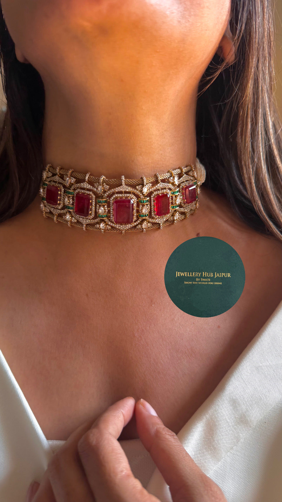 Ruby doublet designer choker with emerald work