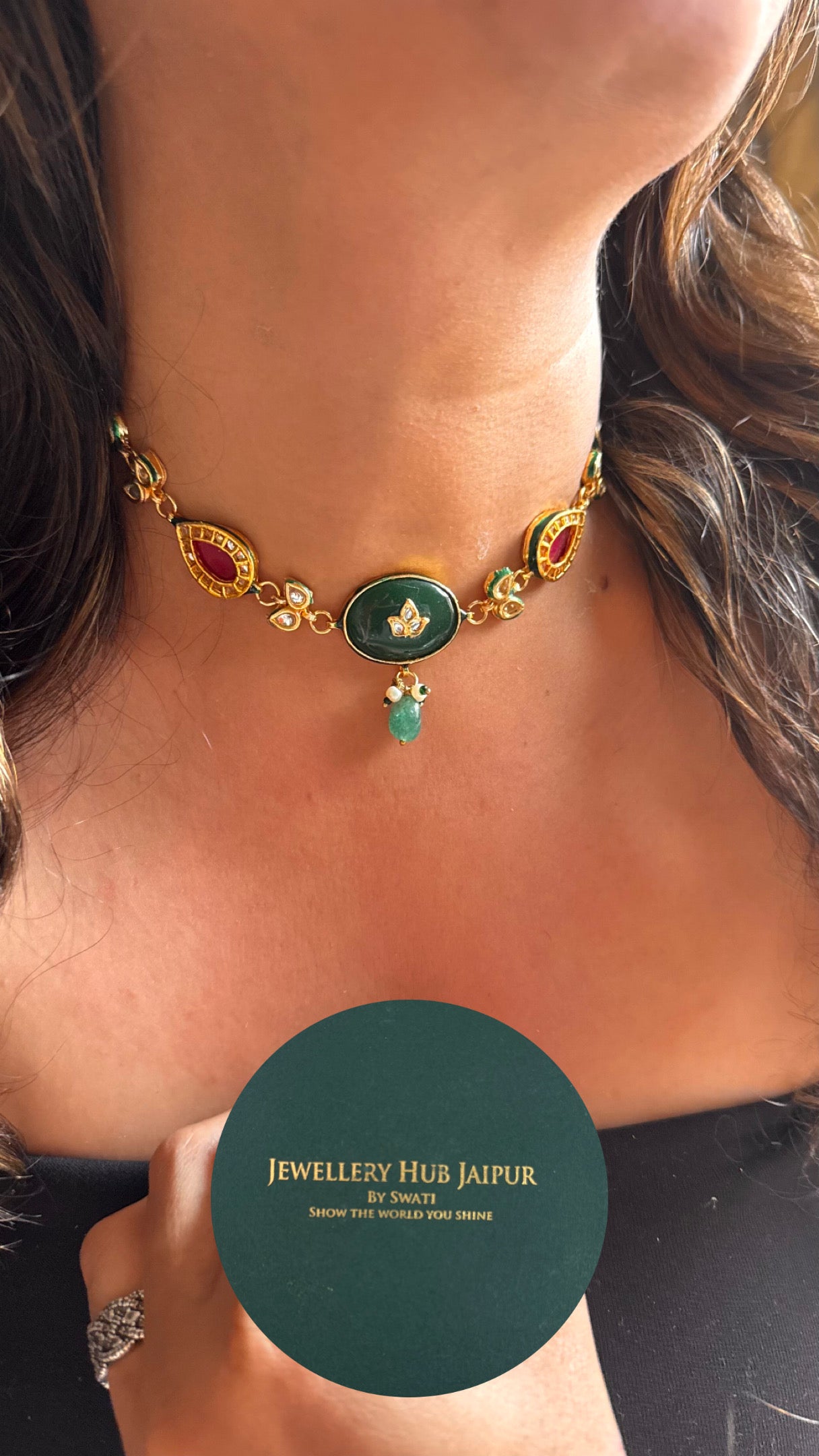 Emerald inlay with ruby meenakari & mint drops minimalist Necklace