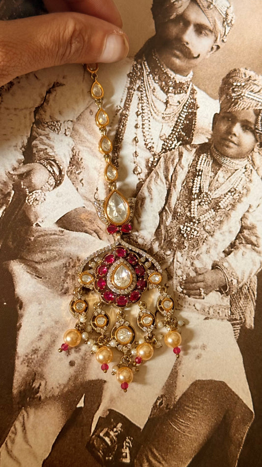 Rani pink moissanite with pearl drop maangtika