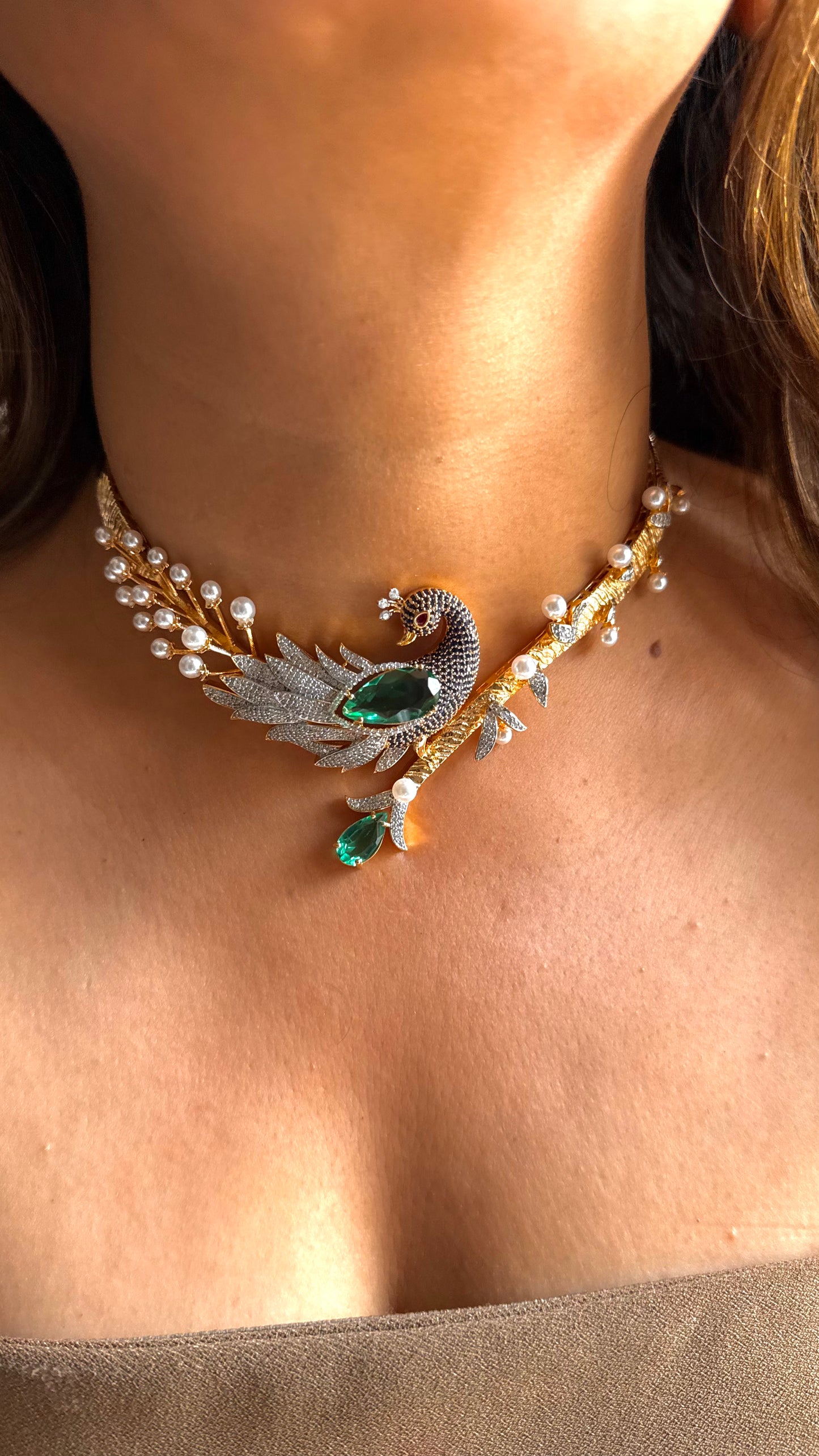 Peacock inspired pearl feather contemporary necklace
