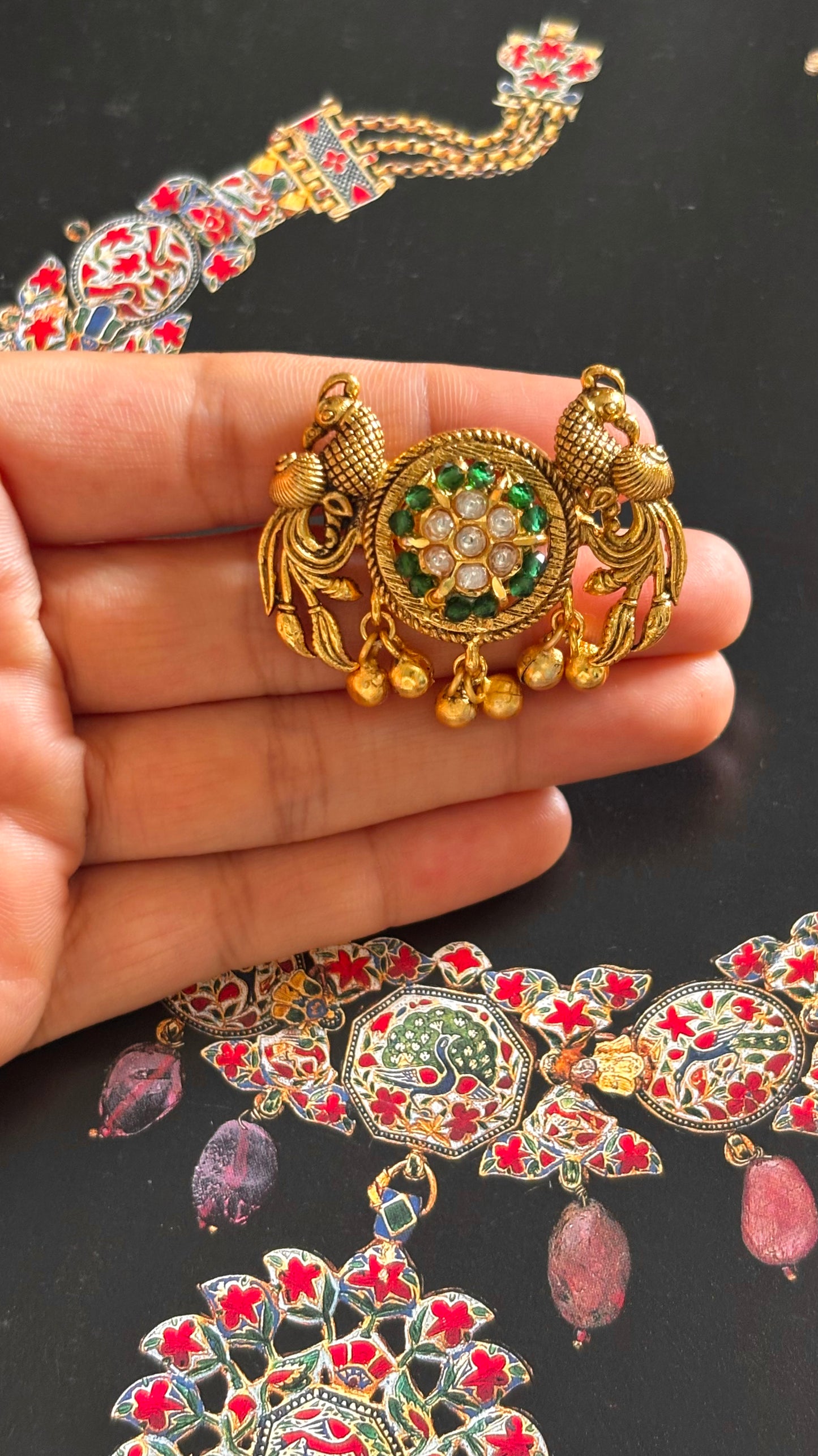 Peacock inspired emerald with gungroo drops adjustable ring