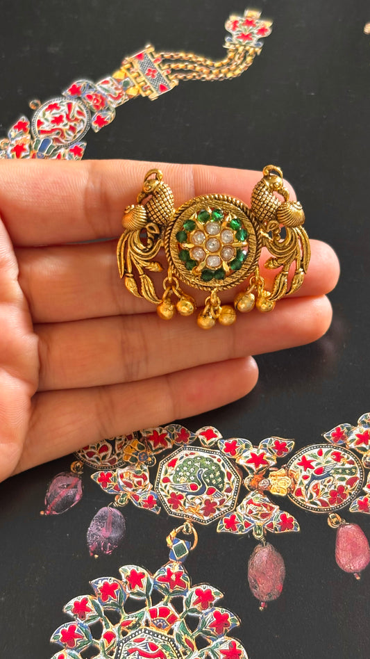 Peacock inspired emerald with gungroo drops adjustable ring