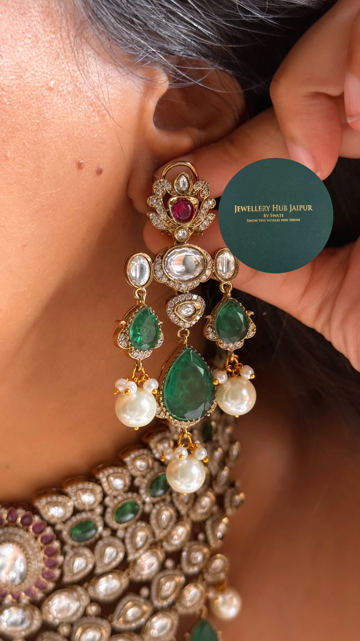 Emerald doublet & rani pink moissanite polki Victorian bridal choker set