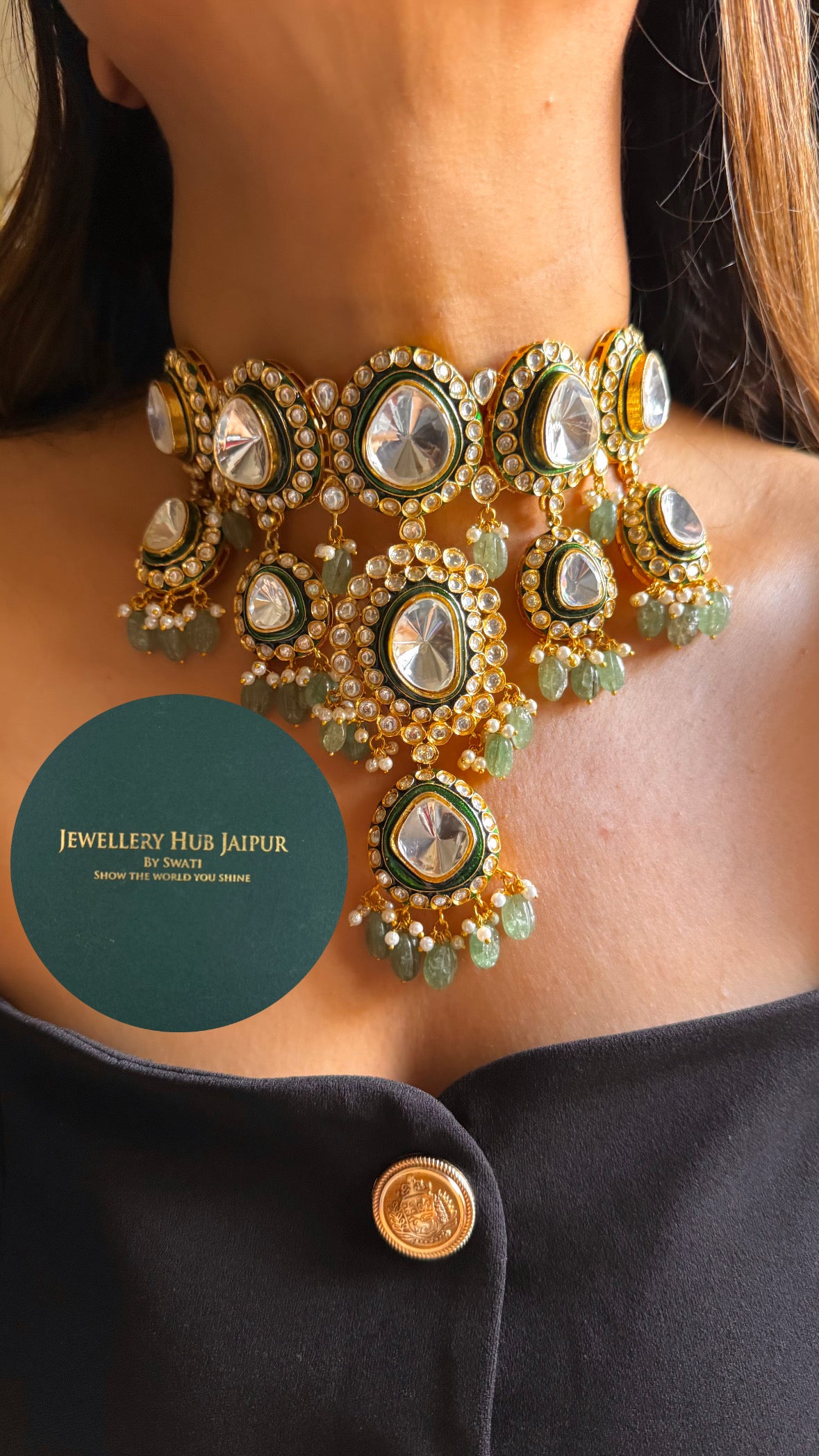 Emerald meenakari polki with mint drop choker