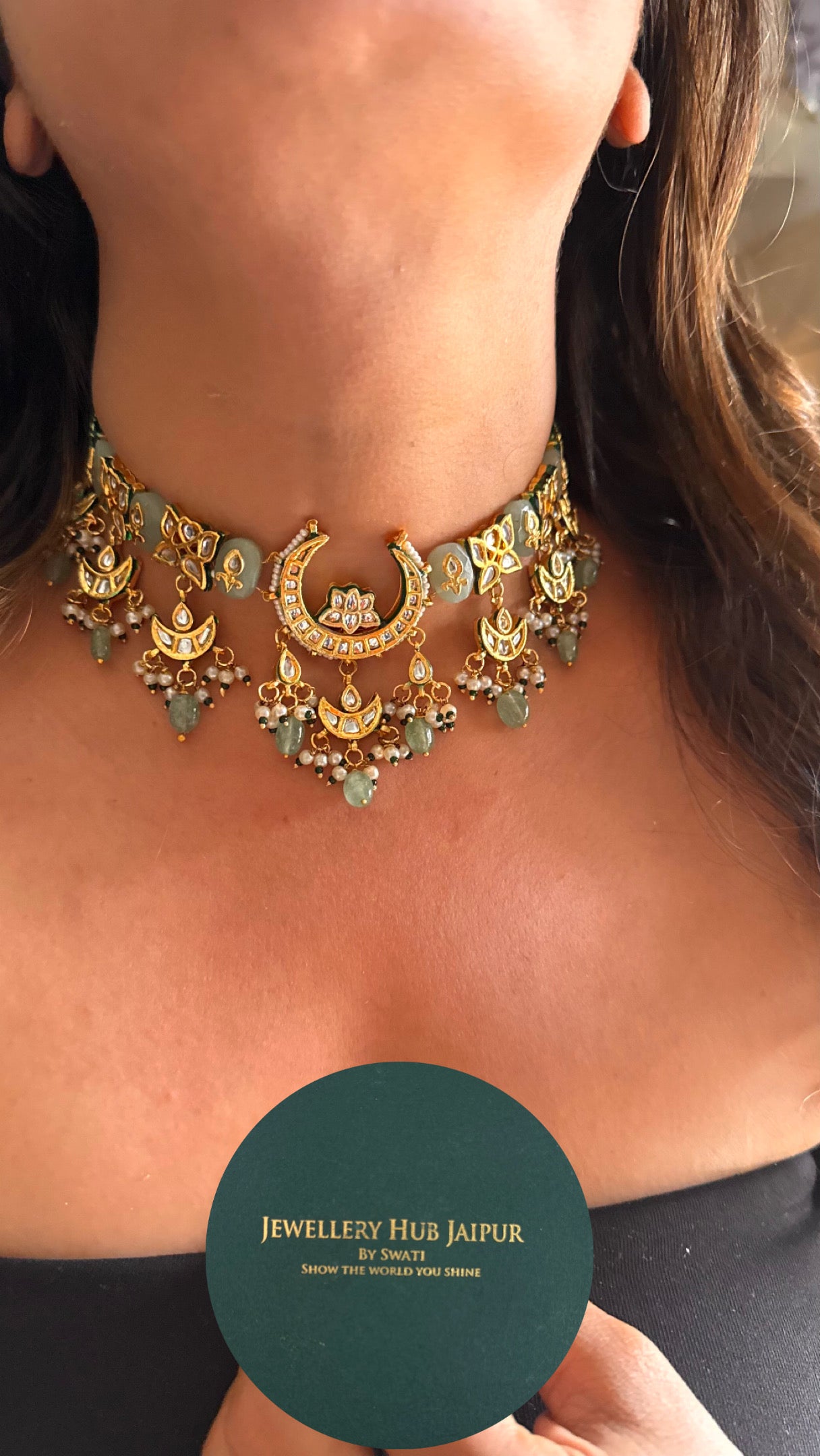 Mint inlay half moon meenakari with mint drops choker Necklace