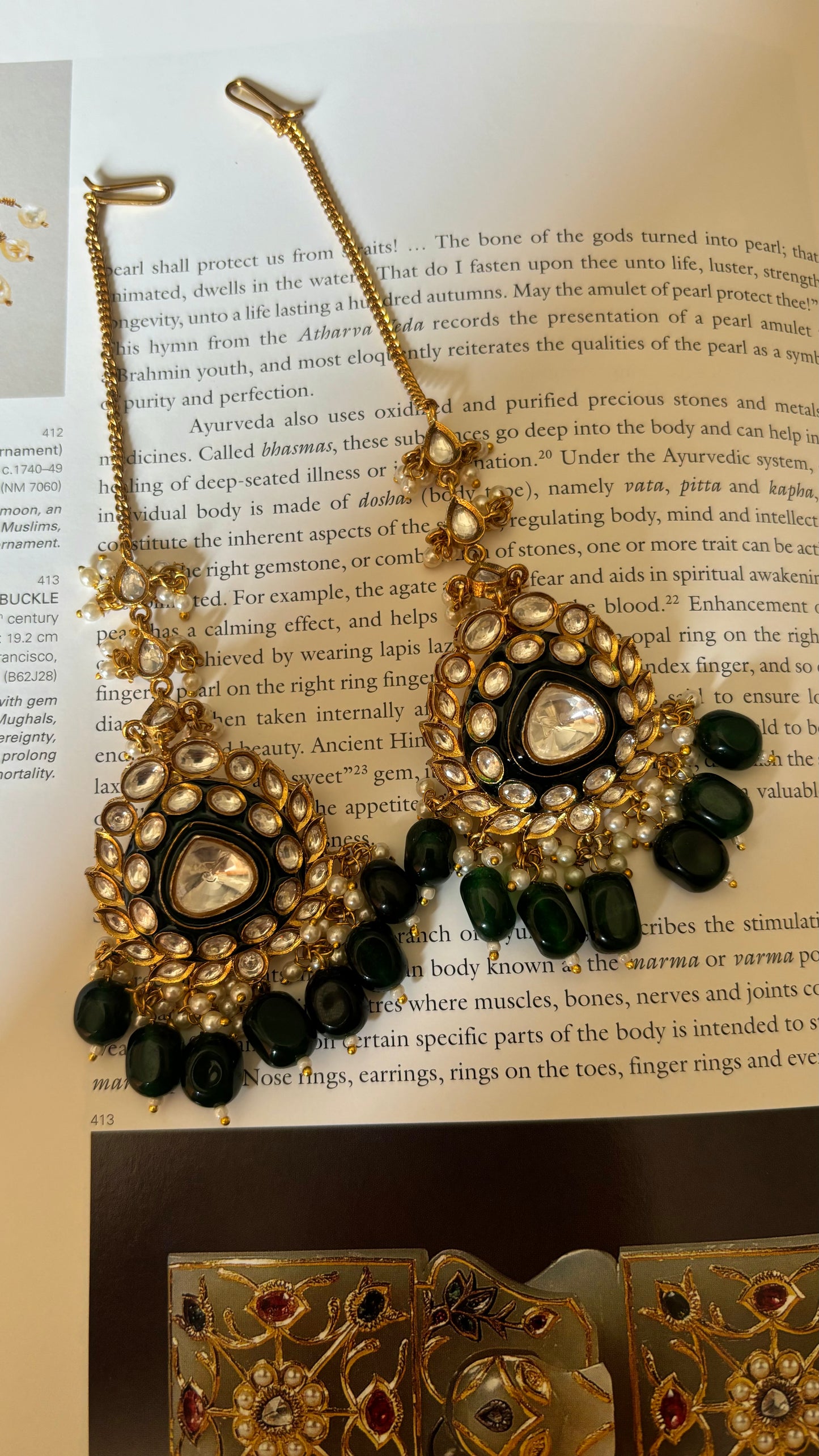 Emerald long meenakari polki studs with polki ladi