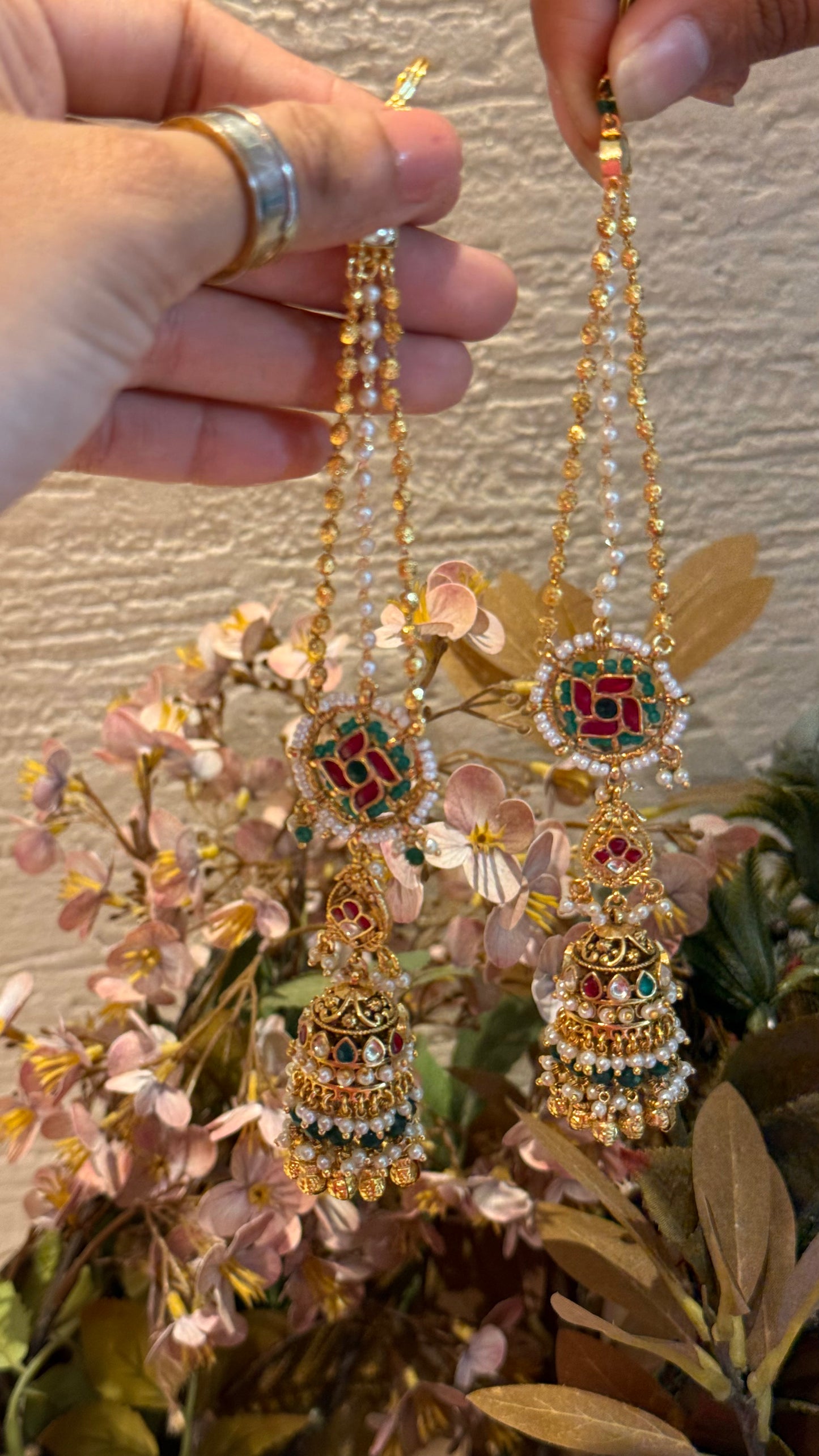 Handmade Swastik jhumki with triple line earchain