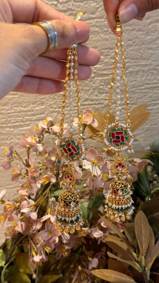 Handmade Swastik jhumki with triple line earchain