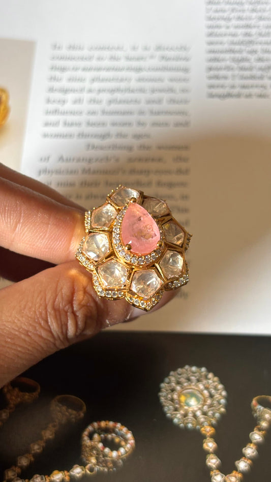 Rose quartz doublet peeli polki moissanite Ring