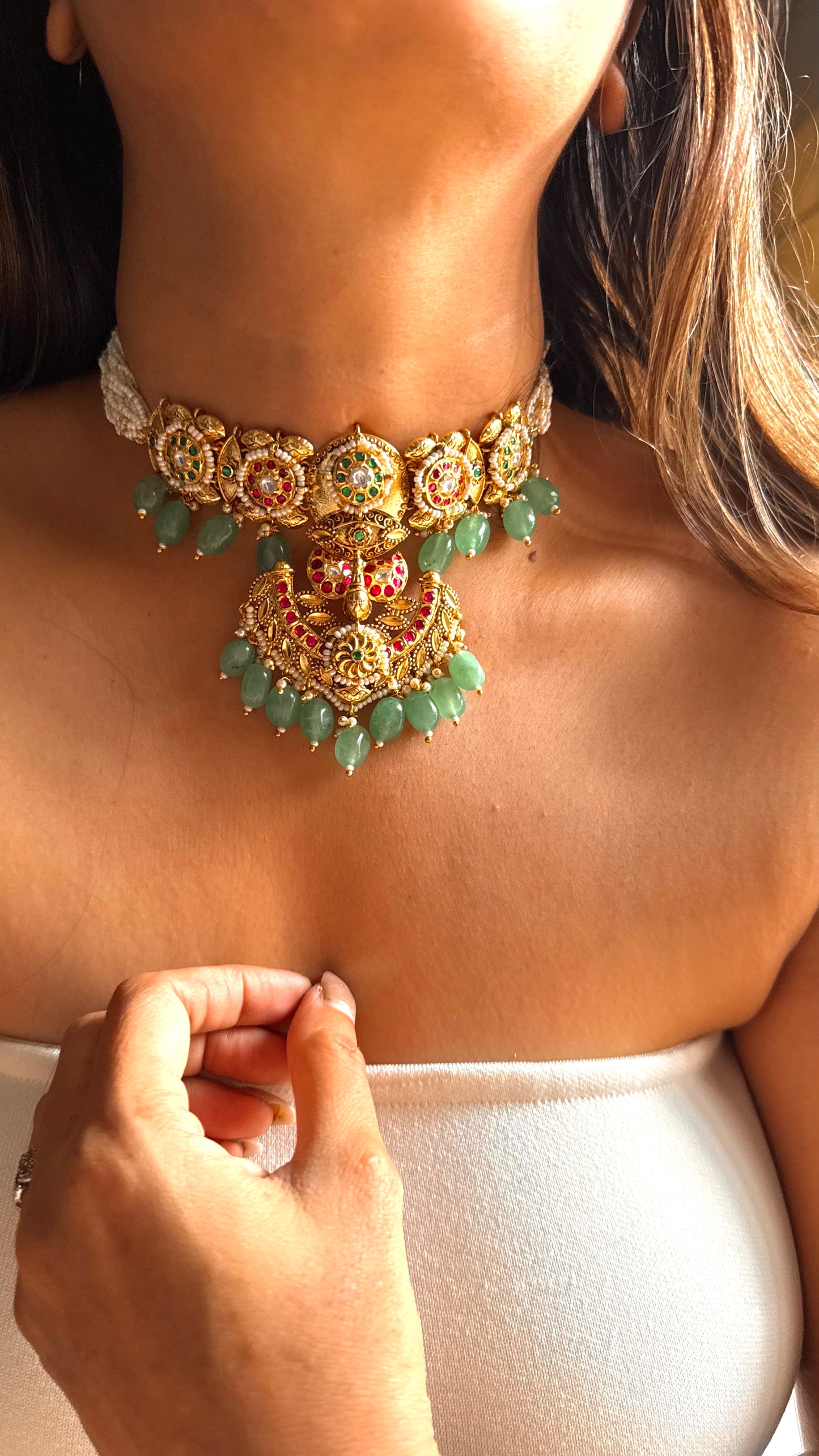 Rani pink & mint handmade rajwada gold choker