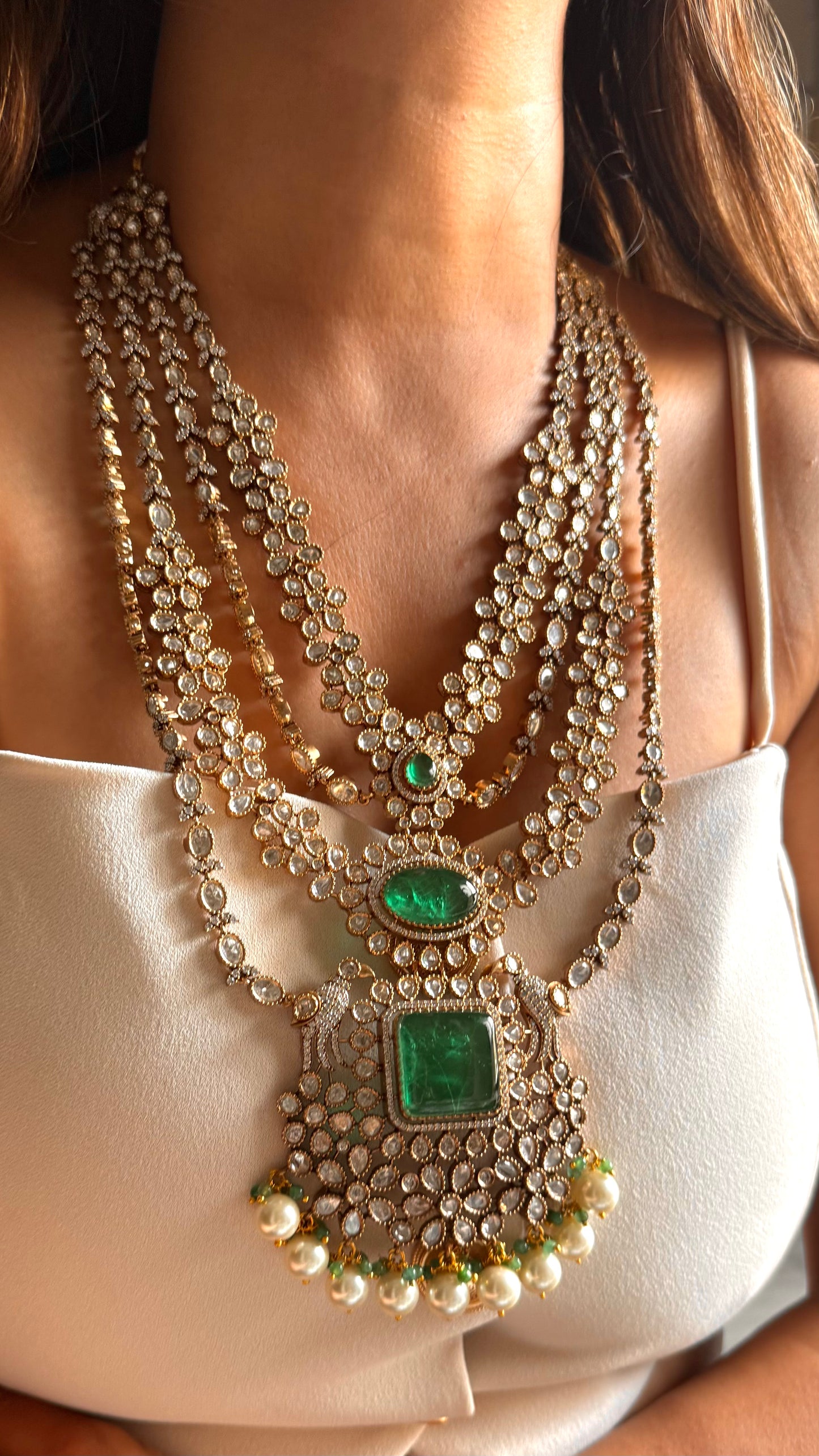 Leela Emerald doublet moissanite floral layered long maharani set