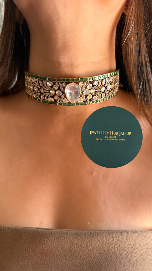Emerald & moissanite polki designer choker set