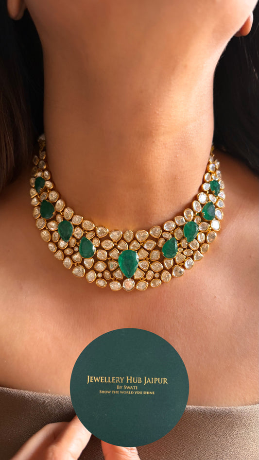 Emerald doublets with peeli polki moissanite peeli polki Necklace