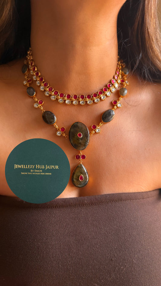Amrapali inspired Natural stone rani pink moissanite dual layer collar set