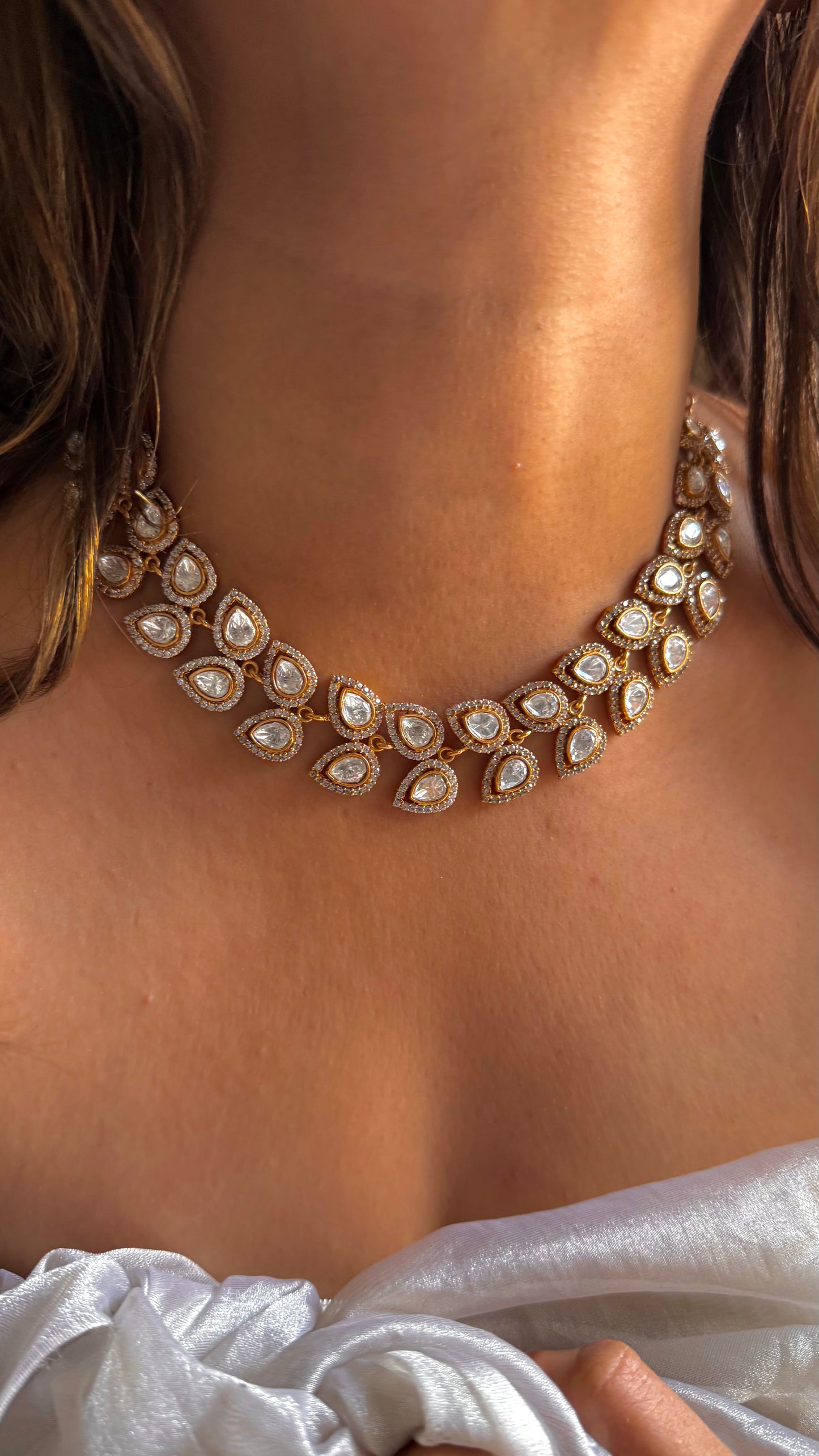 Leaf vine designer white polki necklace set