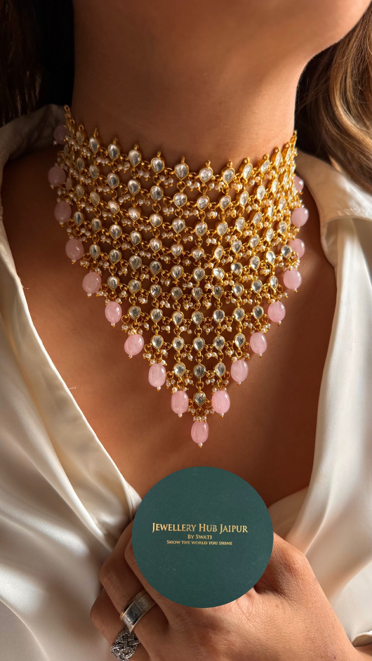 10 layered paachi Kundan rose quartz strawberry Necklace
