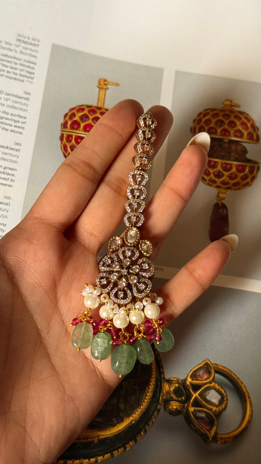Floral moissanite with pearl & mint drop maangtika