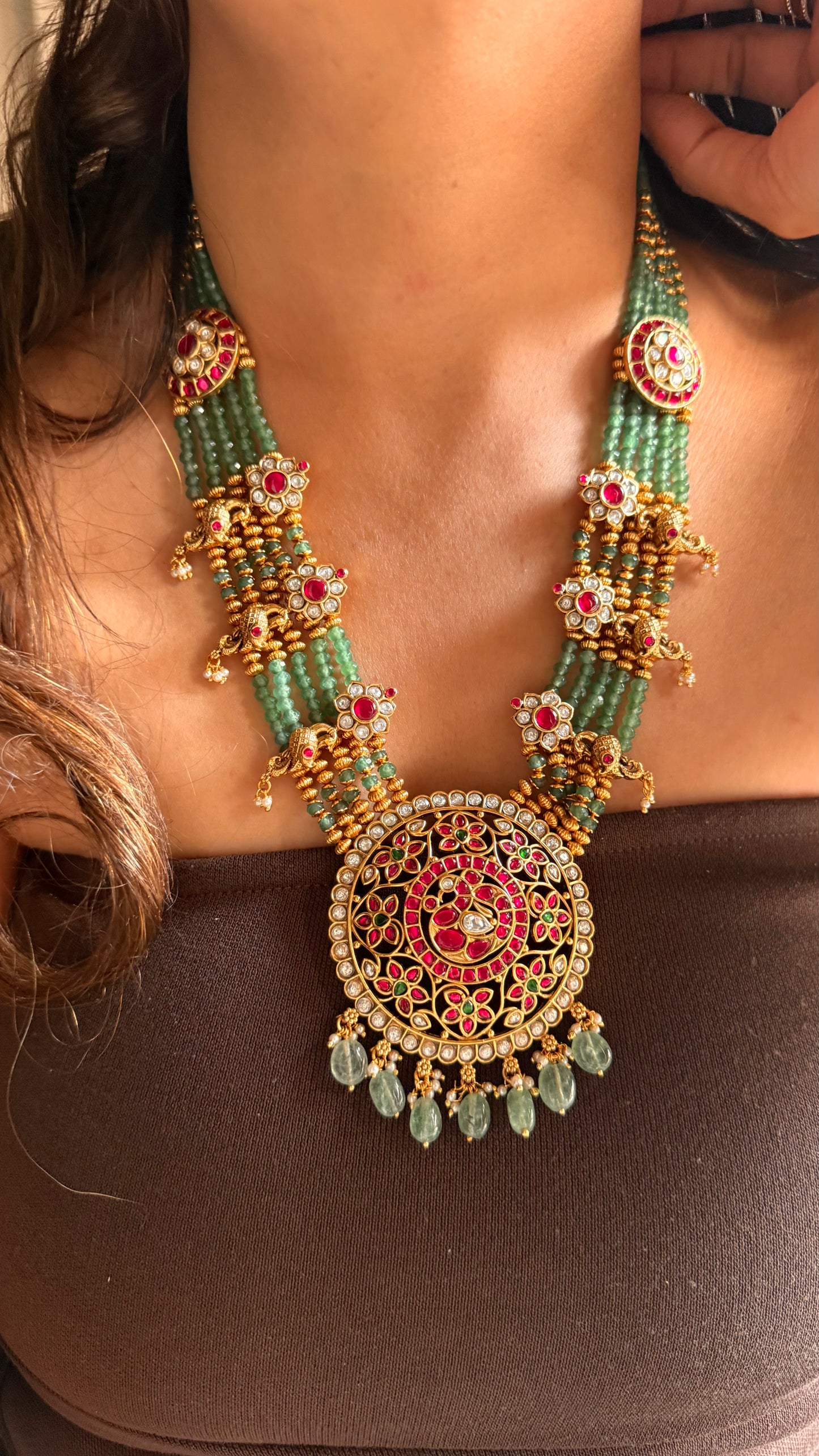 Real kemp paachi kundan long temple necklace