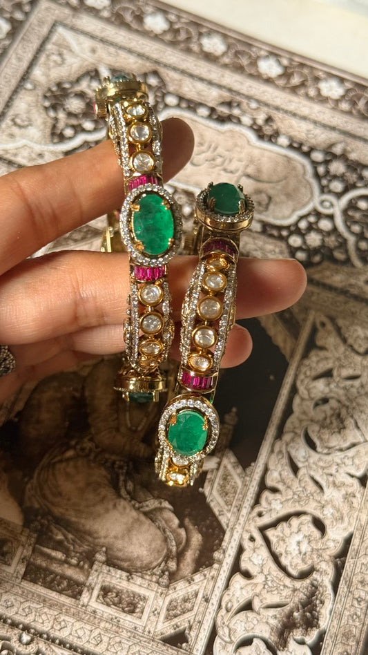 Emerald doublet & rani pink moissanite Victorian openable bangle