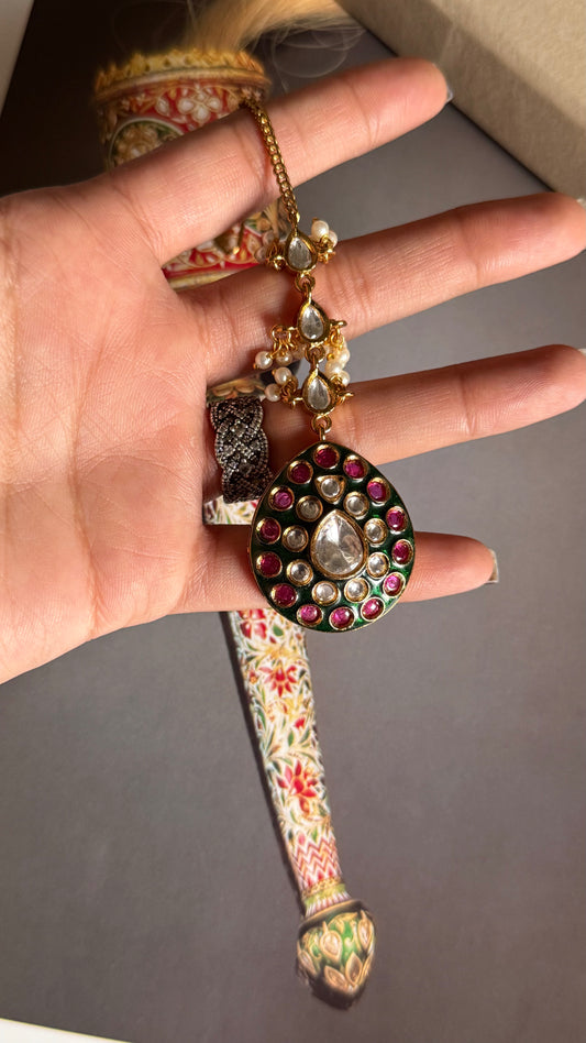 Emerald meenakari & ruby Moissanite polki maangtika