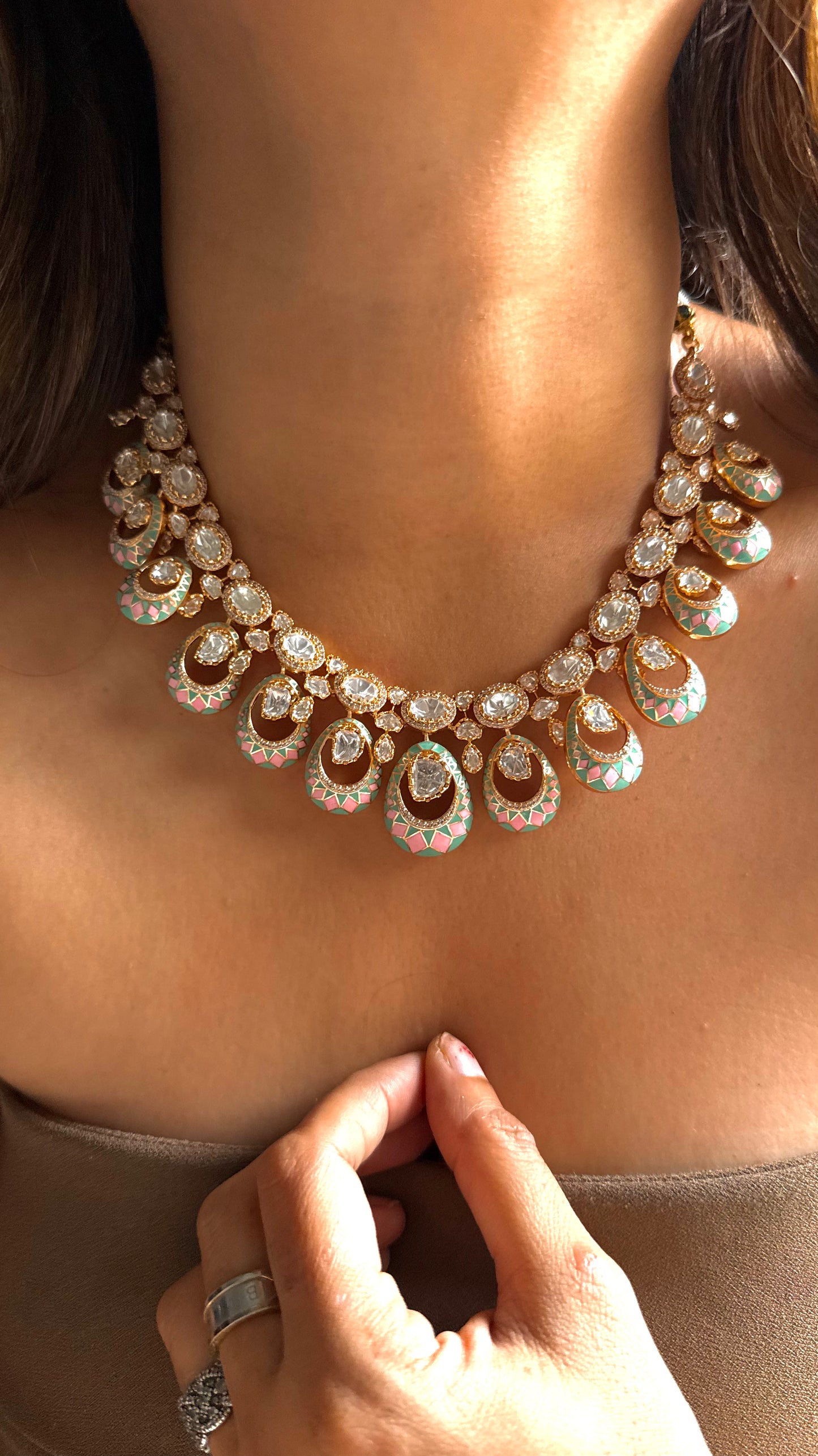 Pink & firoza meenakari necklace with polki detailing