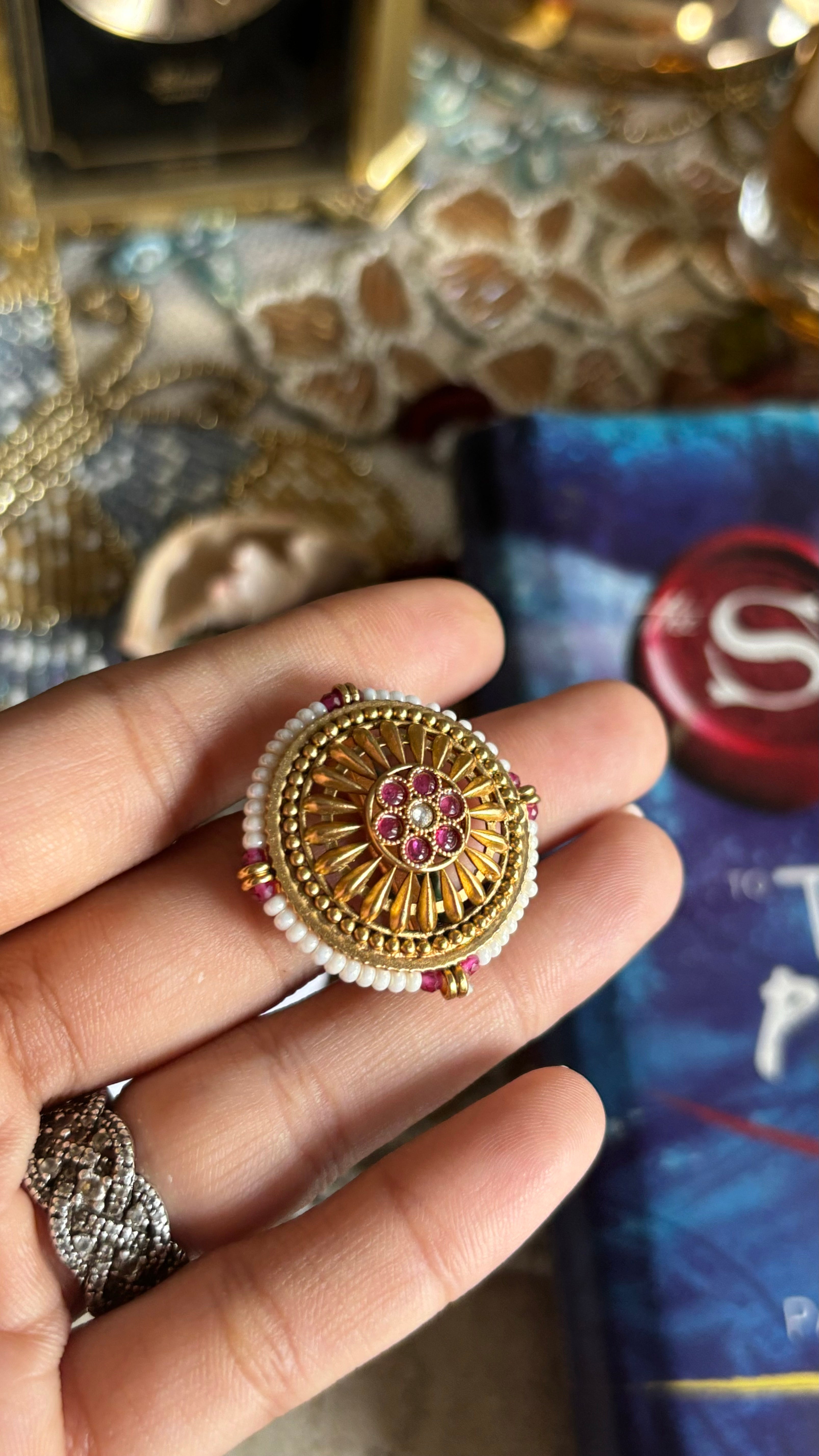 Rajwada pearl outline ruby ring