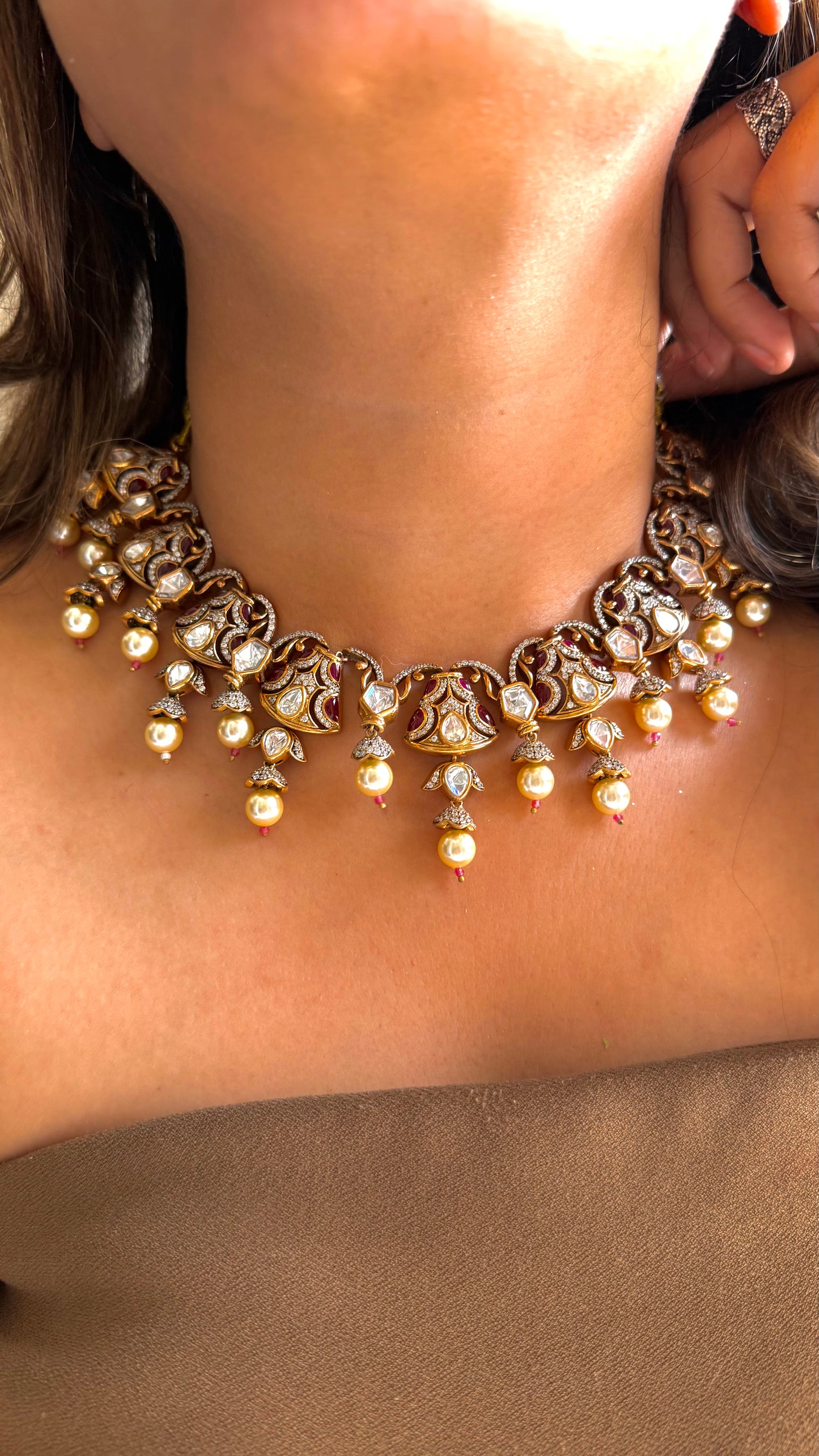 Ruby takkar work Victorian collar necklace with pearl detailing