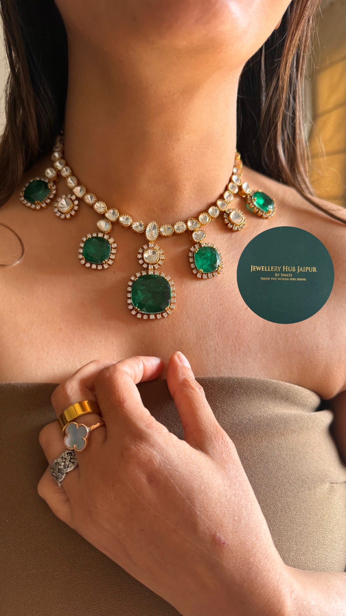 Emerald doublet moissanite collar necklace