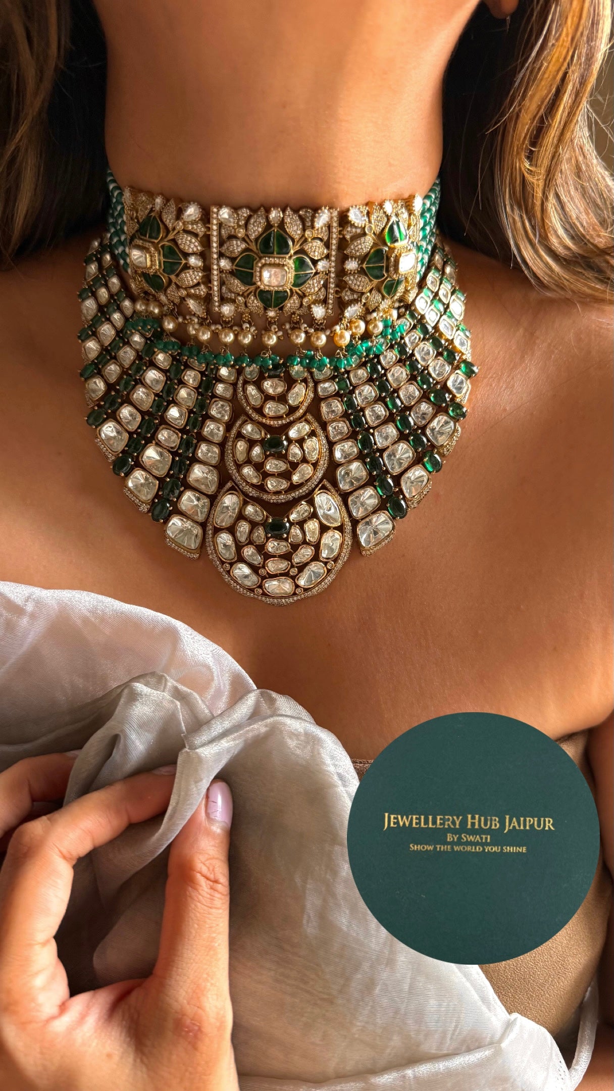 Emerald doublet moiss uncut polki combo Necklace