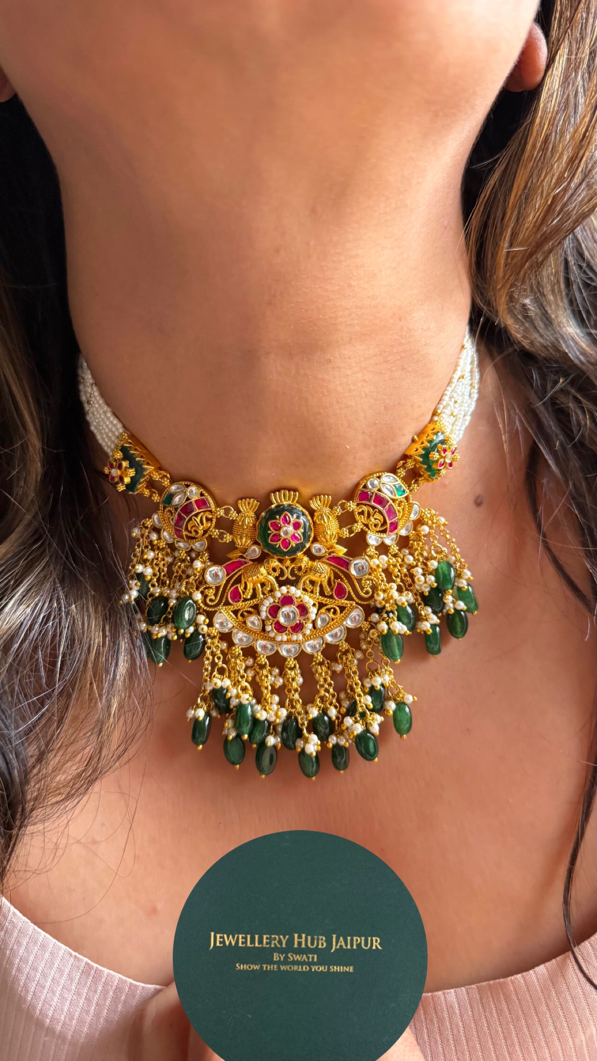Gajj inspired emerald & Rani pink with drops collar necklace