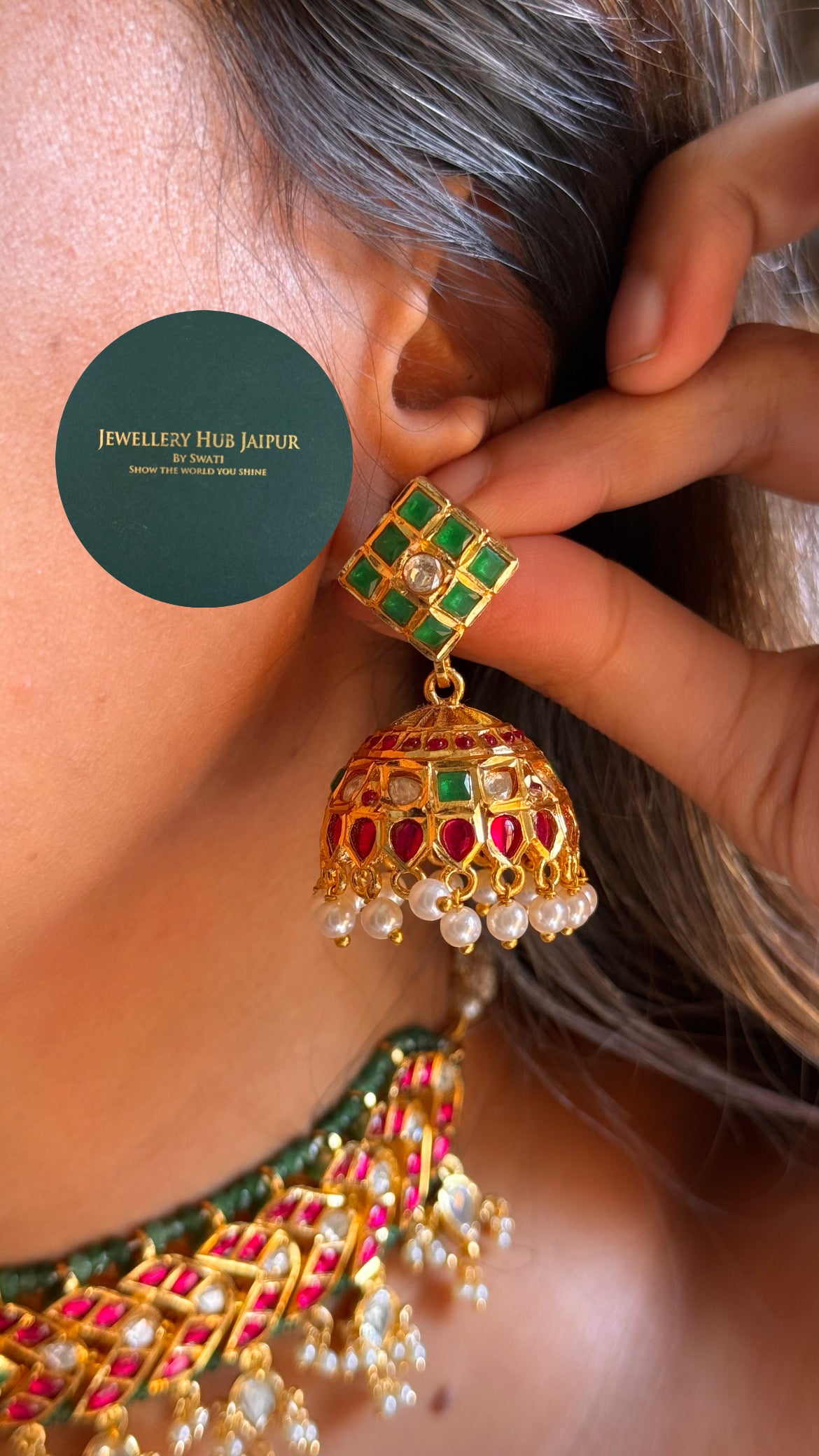 Heritage Rani pink & emerald real moissanite designer choker set