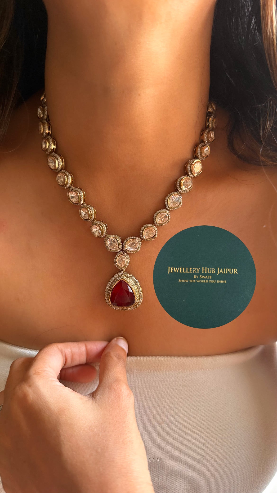 Ruby doublet & moissanite uncut polki collar set