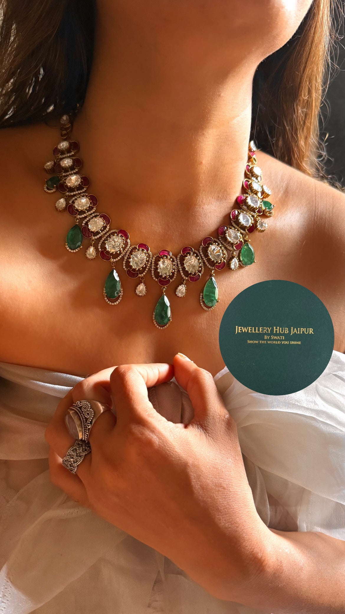 Emerald doublet drop with ruby katdana polki collar set