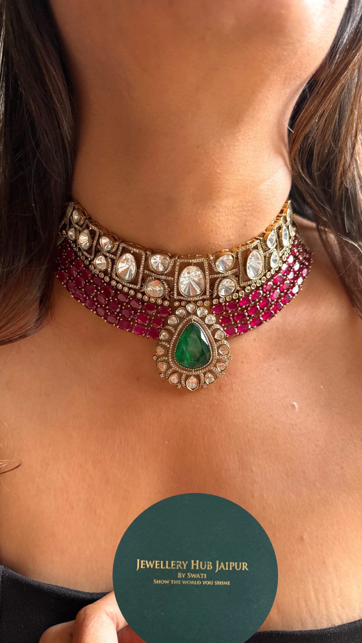 Emerald with Rani pink ruby doublets choker Necklace