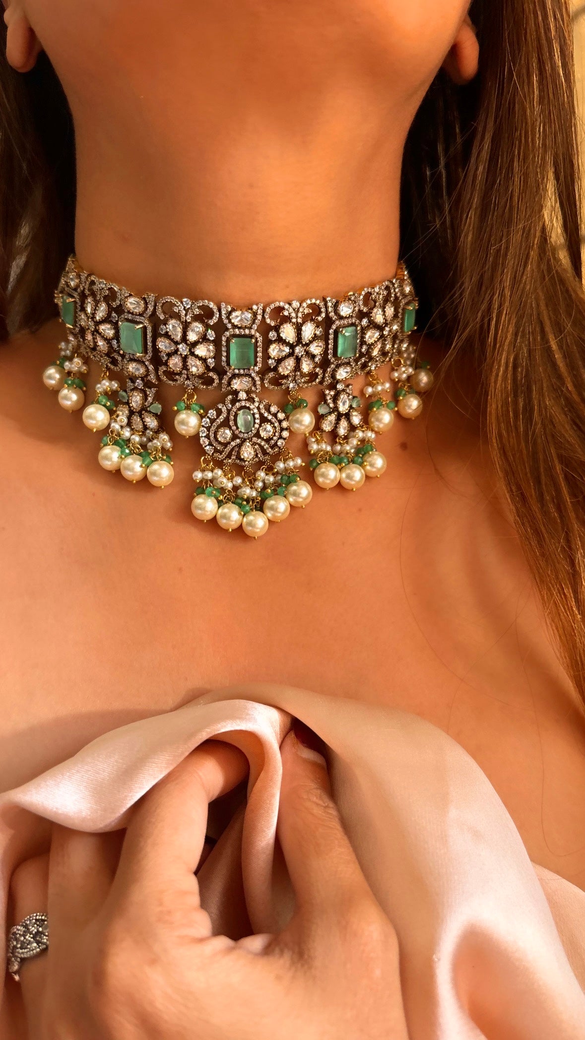 Mint Moissanite choker necklace with earrings